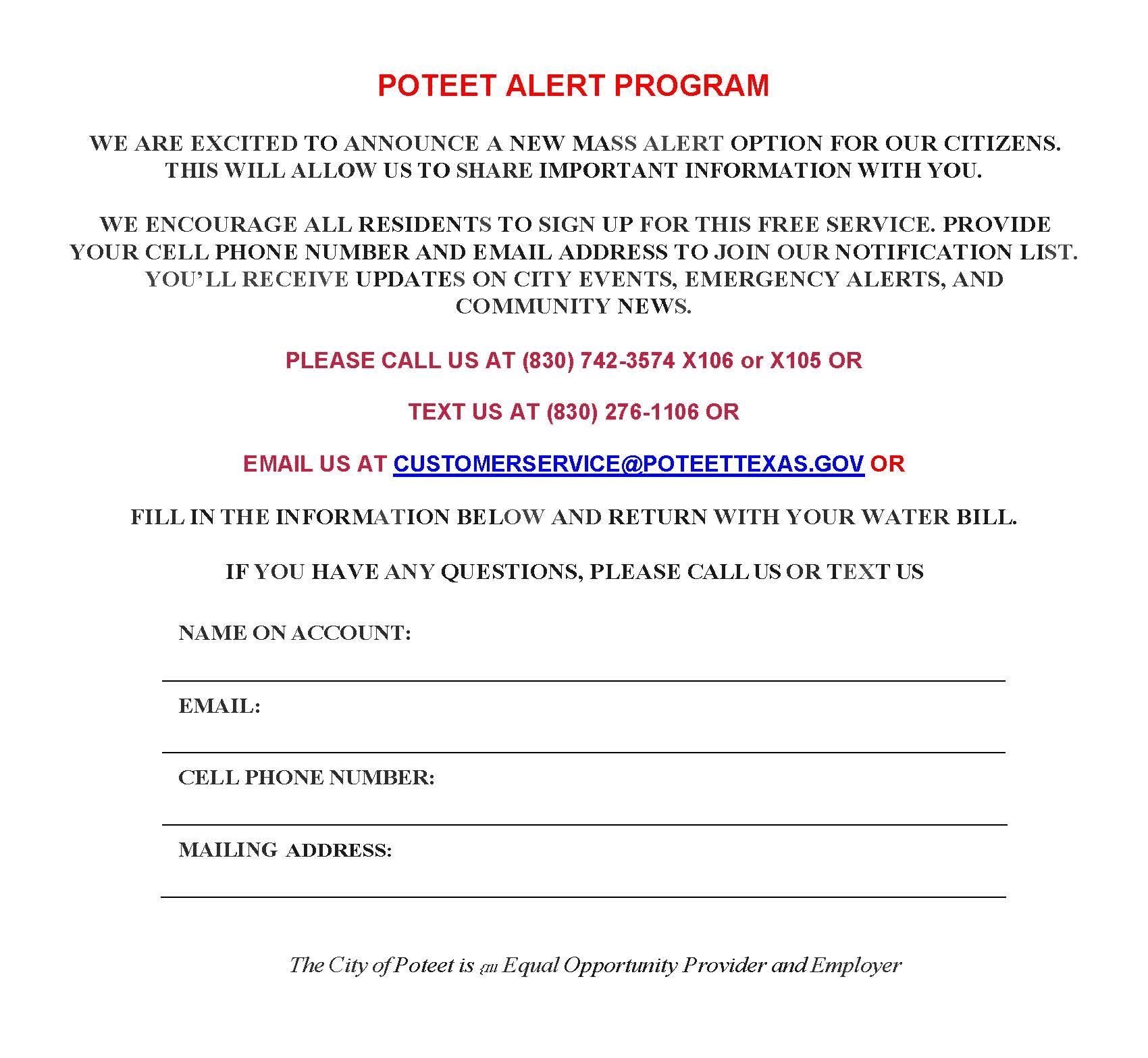 How to Participate in Our Poteet Alert Program